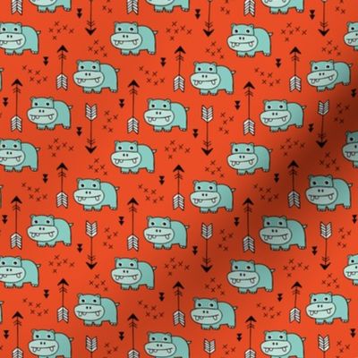 Cute little baby hippo kids fabric design in mint red SMALL
