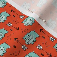 Cute little baby hippo kids fabric design in mint red SMALL