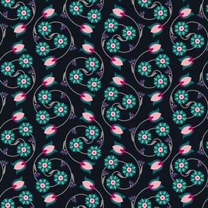 Small scale, Small abstract flowers, dark turquoise and pink colors on a black background