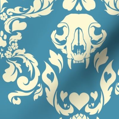 Cat Skull Damask -- Blue/Cream