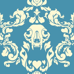 Cat Skull Damask -- Blue/Cream