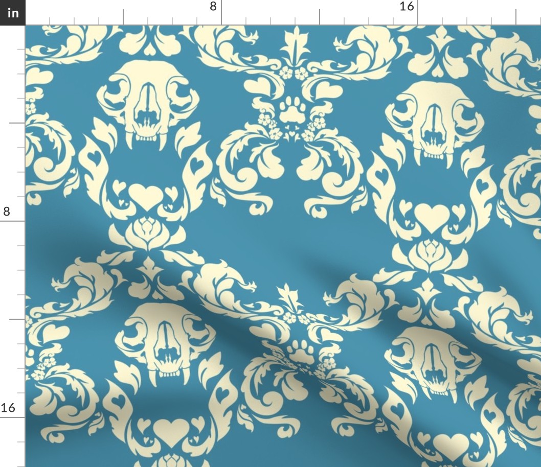 Cat Skull Damask -- Blue/Cream