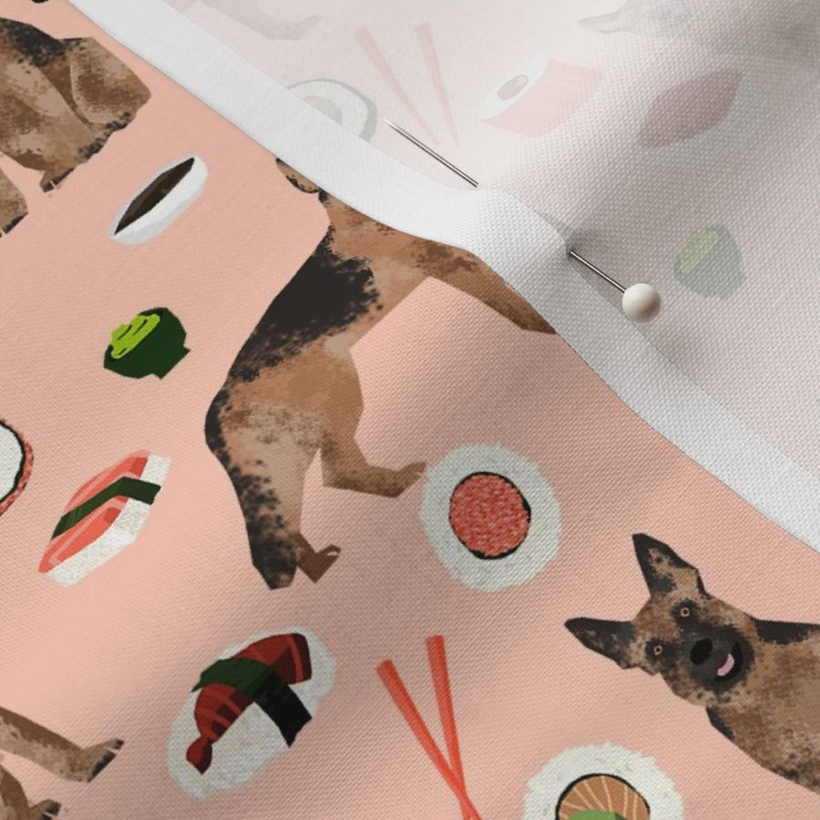 german shepherd dog sushi fabric - dog fabric, german shepherd fabric, sushi fabric, cute dogs and sushi fabric, dog lover fabric -  peach