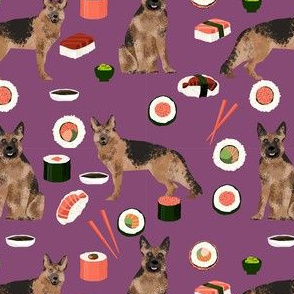 german shepherd dog sushi fabric - dog fabric, german shepherd fabric, sushi fabric, cute dogs and sushi fabric, dog lover fabric -  purple