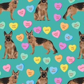 german shepherd dog fabric - german shepherd candy hearts fabric, german shepherd valentines day fabric, valentines day dog fabric, cute pastel hearts - teal