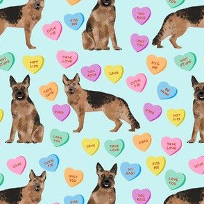 german shepherd dog fabric - german shepherd candy hearts fabric, german shepherd valentines day fabric, valentines day dog fabric, cute pastel hearts - light blue