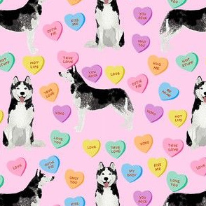 husky dog candy hearts fabric - conversation hearts fabric, valentines day fabric, husky husky dog fabric, huskies, cute husky - pink