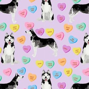 husky dog candy hearts fabric - conversation hearts fabric, valentines day fabric, husky husky dog fabric, huskies, cute husky - purple