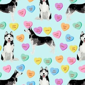 husky dog candy hearts fabric - conversation hearts fabric, valentines day fabric, husky husky dog fabric, huskies, cute husky - blue