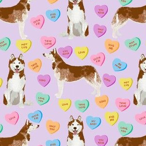 husky dog candy hearts fabric - conversation hearts fabric, valentines day fabric, red husky husky dog fabric, huskies, cute husky - purple