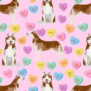 husky dog candy hearts fabric - conversation hearts fabric, valentines day fabric, red husky husky dog fabric, huskies, cute husky - pink