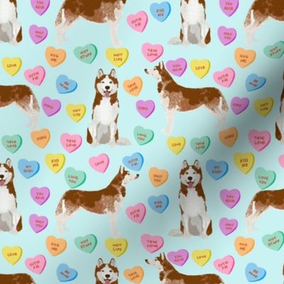 husky dog candy hearts fabric - conversation hearts fabric, valentines day fabric, red husky husky dog fabric, huskies, cute husky - light blue