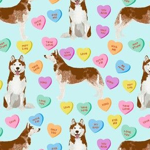 husky dog candy hearts fabric - conversation hearts fabric, valentines day fabric, red husky husky dog fabric, huskies, cute husky - light blue