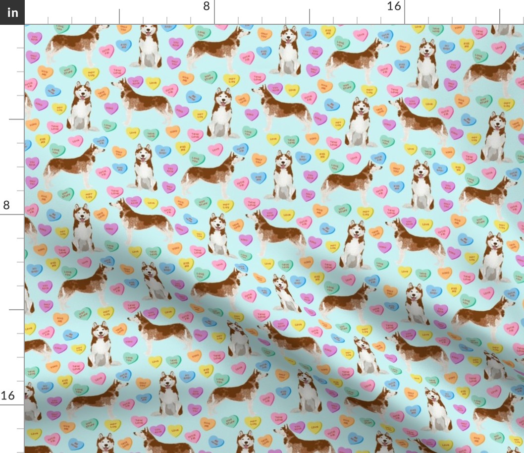 husky dog candy hearts fabric - conversation hearts fabric, valentines day fabric, red husky husky dog fabric, huskies, cute husky - light blue