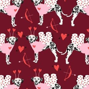 dalmatian cupid dog pattern fabric - dalmatian fabric, love bug fabric, cupid dog fabric, dog fabric, dog valentines fabric -  burgundy