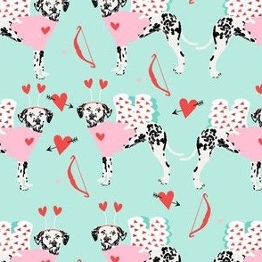 dalmatian cupid dog pattern fabric - dalmatian fabric, love bug fabric, cupid dog fabric, dog fabric, dog valentines fabric -  mint