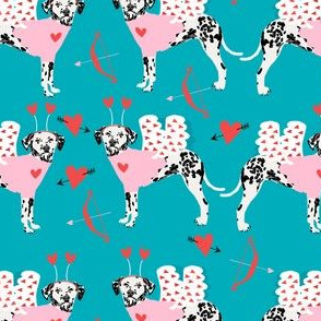 dalmatian cupid dog pattern fabric - dalmatian fabric, love bug fabric, cupid dog fabric, dog fabric, dog valentines fabric - teal