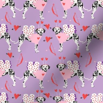 dalmatian cupid dog pattern fabric - dalmatian fabric, love bug fabric, cupid dog fabric, dog fabric, dog valentines fabric - purple