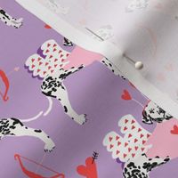 dalmatian cupid dog pattern fabric - dalmatian fabric, love bug fabric, cupid dog fabric, dog fabric, dog valentines fabric - purple