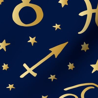 astrology golden signs and stars on navy blue