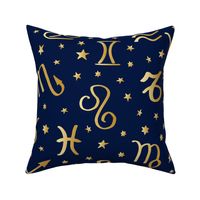 astrology golden signs and stars on navy blue