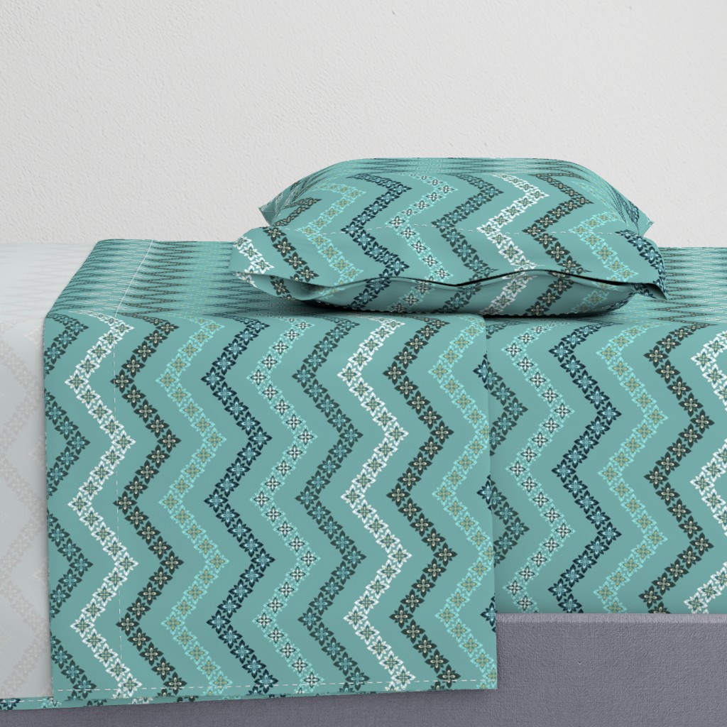 Scandi Flowers - Blue and Green - Flower Chevron Coordinate