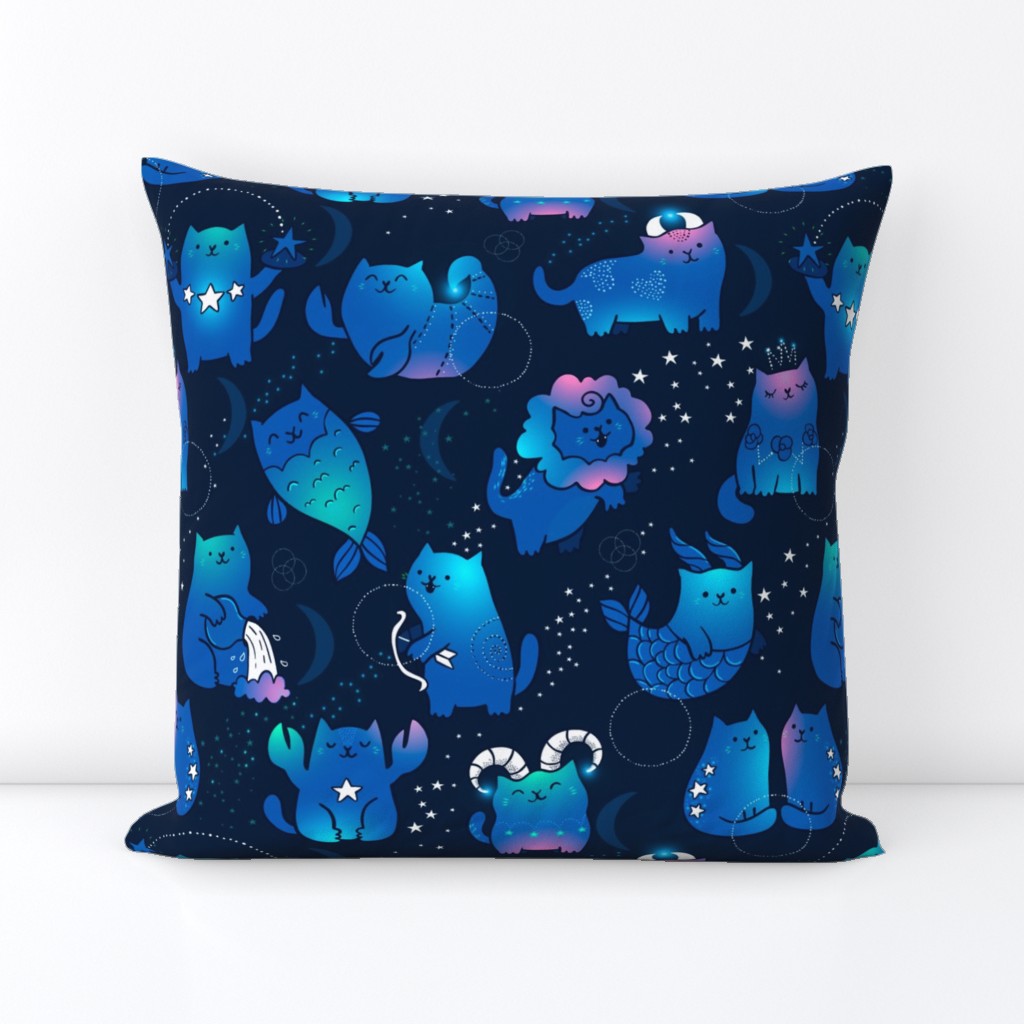 Large Cute cats zodiac pattern. Kawaii astrology animals design. Big.