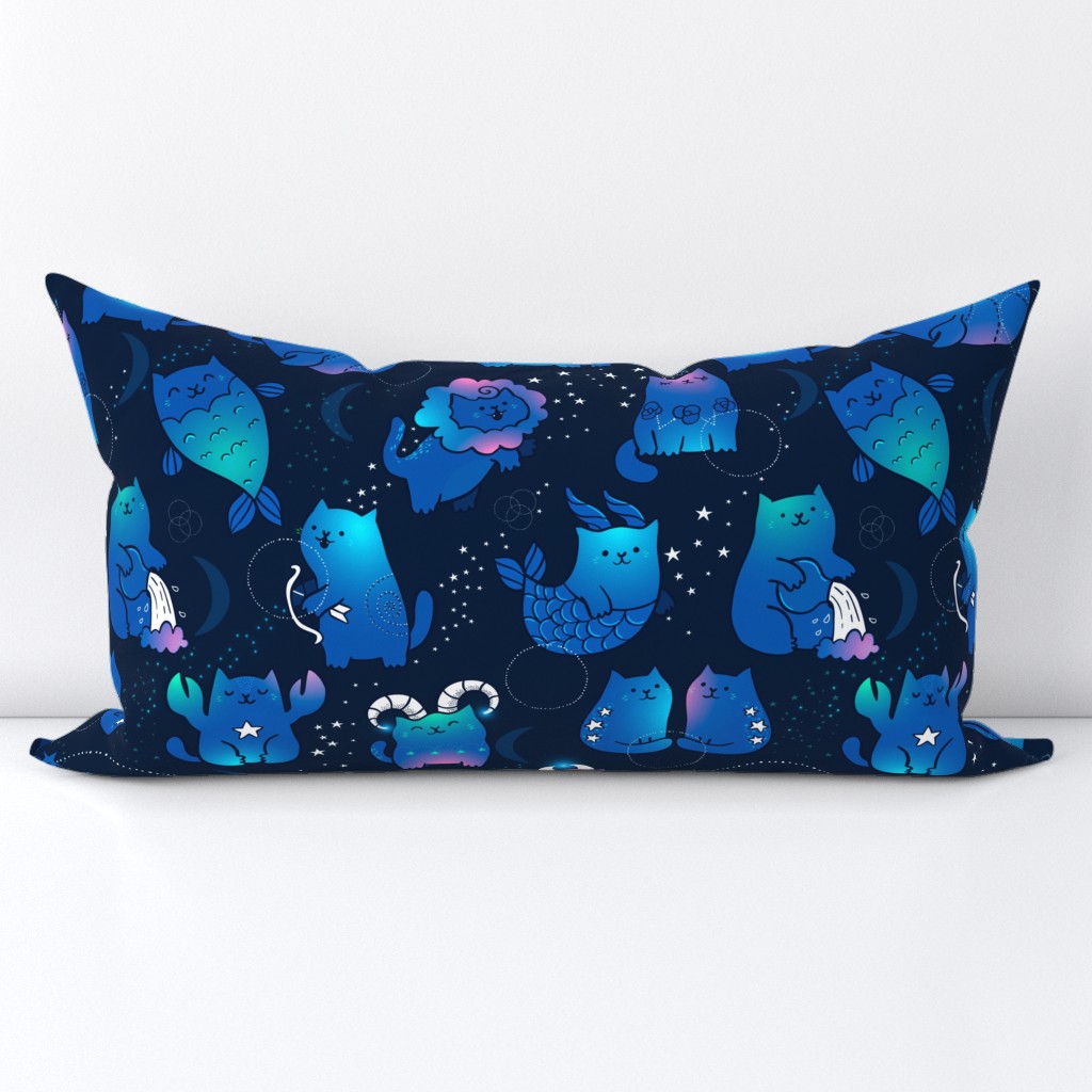 Large Cute cats zodiac pattern. Kawaii astrology animals design. Big.