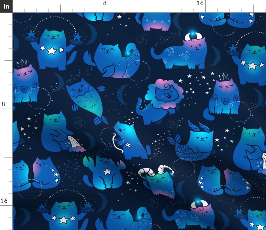 Large Cute cats zodiac pattern. Kawaii astrology animals design. Big.