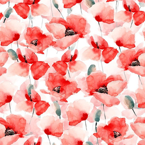18" Poppy - Hand drawn watercolor poppies on white, botany poppies, vintage fabric