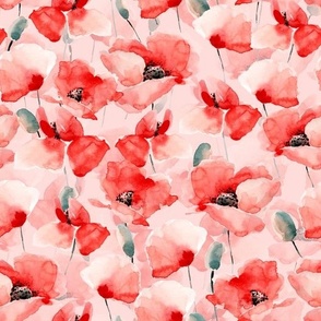 10" Poppy - Hand drawn watercolor poppies on blush pink 