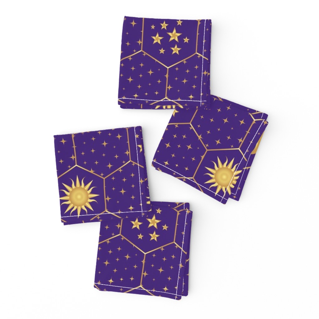 Golden Moon Stars Sun hexagons mosaic purple