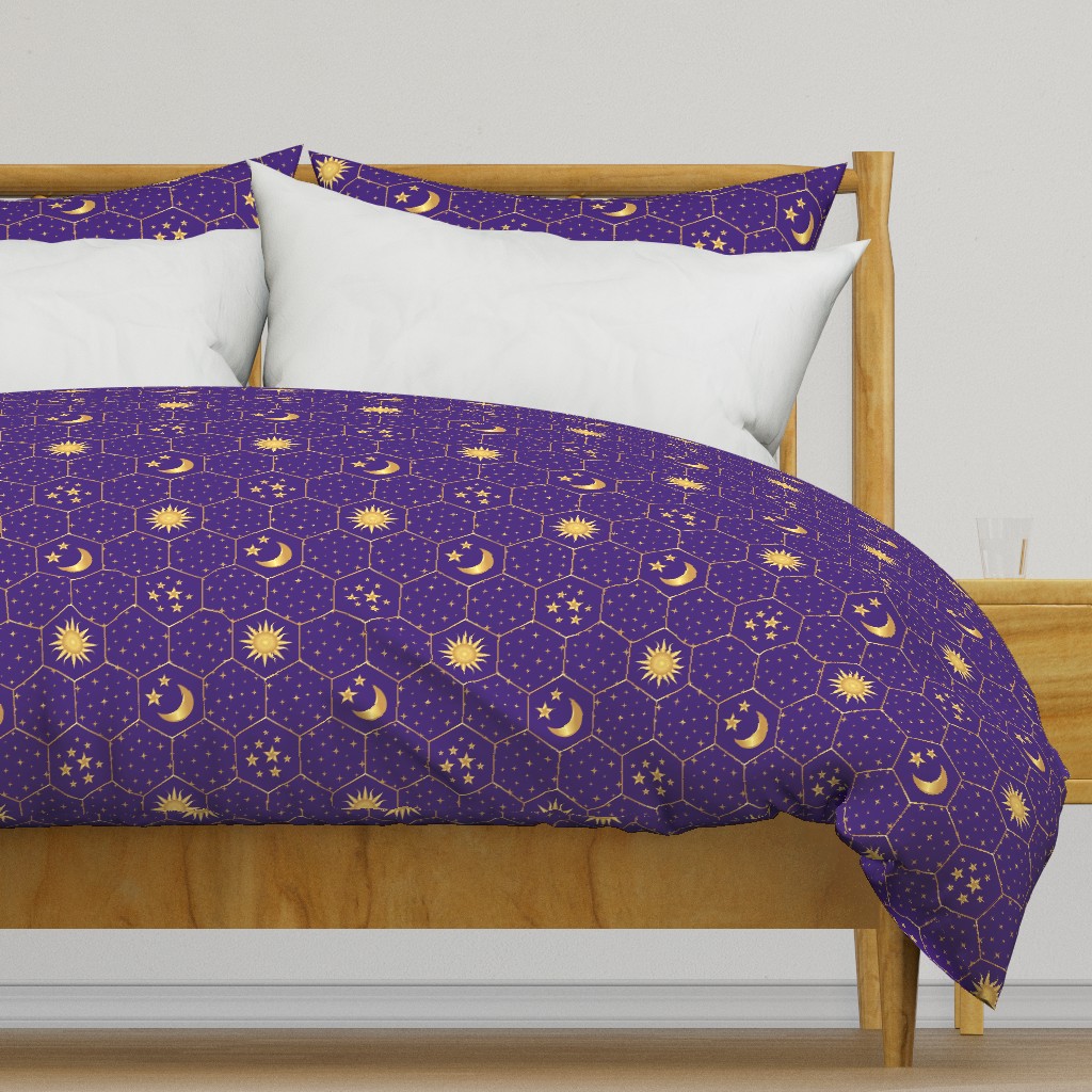 Golden Moon Stars Sun hexagons mosaic purple