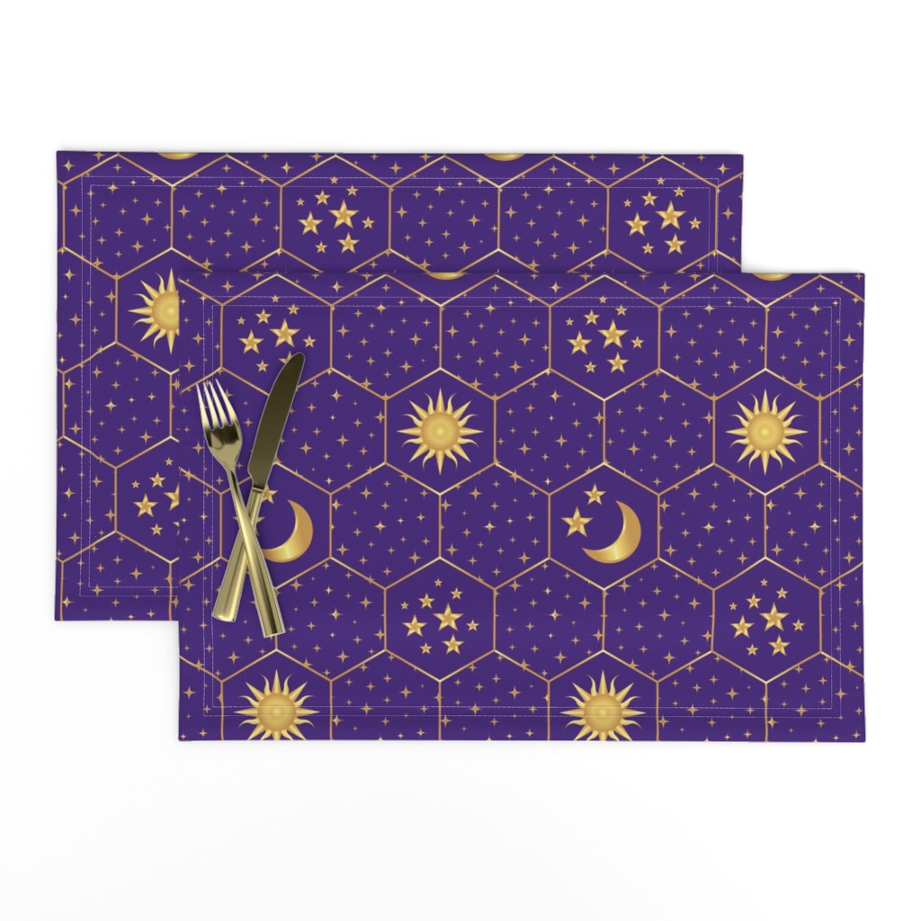 Golden Moon Stars Sun hexagons mosaic purple