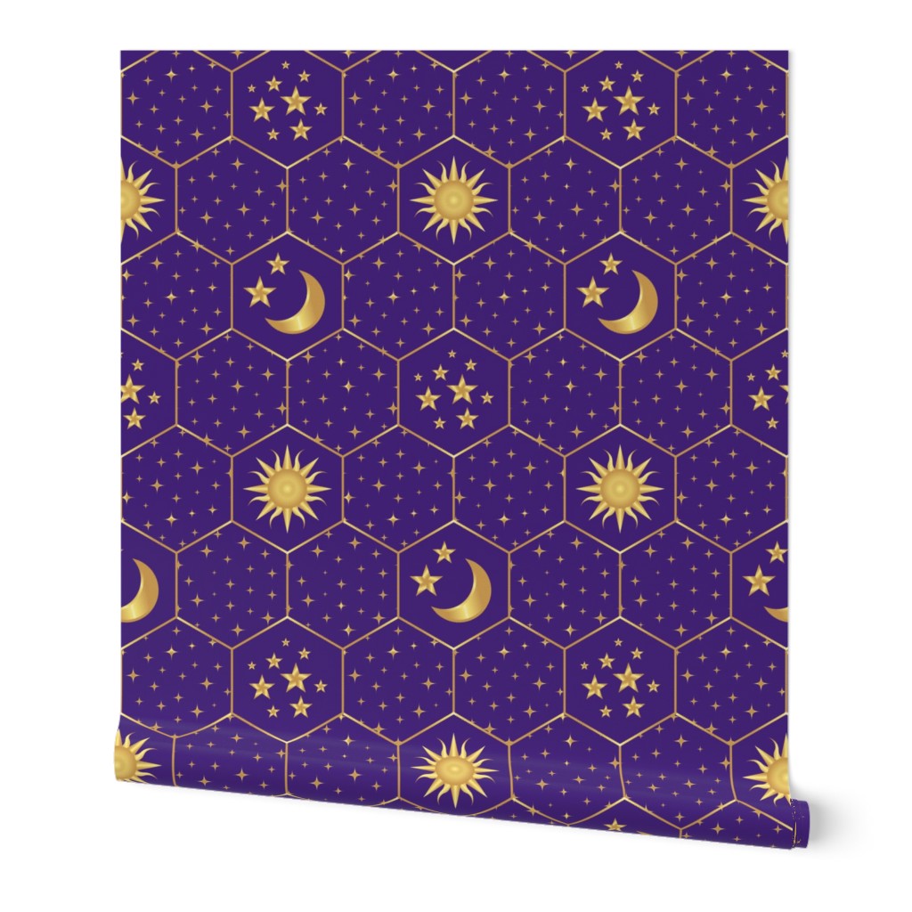 Golden Moon Stars Sun hexagons mosaic purple