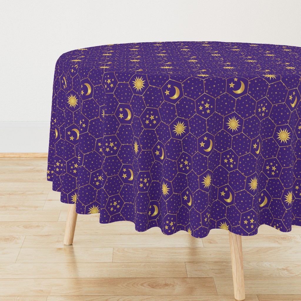 Golden Moon Stars Sun hexagons mosaic purple