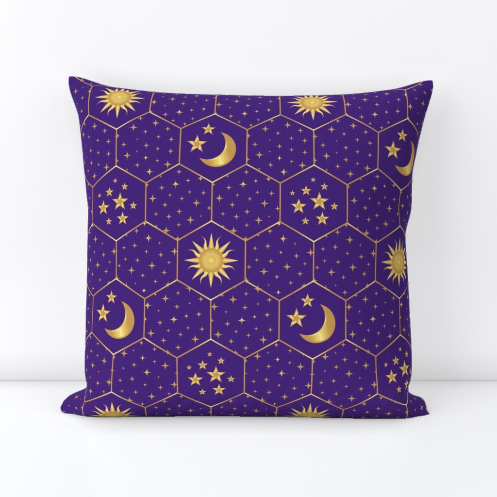 Golden Moon Stars Sun hexagons mosaic purple