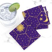 Golden Moon Stars Sun hexagons mosaic purple