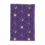 Golden Moon Stars Sun hexagons mosaic purple