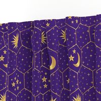 Golden Moon Stars Sun hexagons mosaic purple