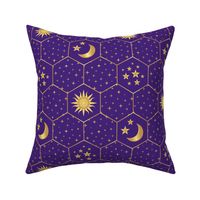 Golden Moon Stars Sun hexagons mosaic purple