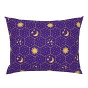 Golden Moon Stars Sun hexagons mosaic purple