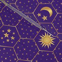 Golden Moon Stars Sun hexagons mosaic purple