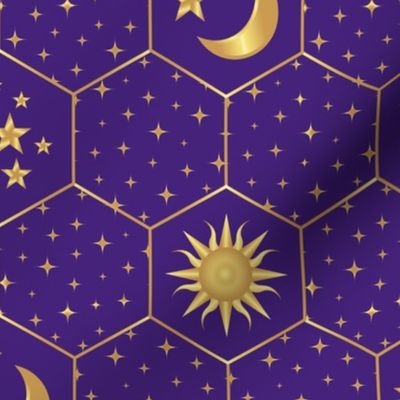 Golden Moon Stars Sun hexagons mosaic purple