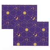 Golden Moon Stars Sun hexagons mosaic purple