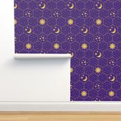 Golden Moon Stars Sun hexagons mosaic purple