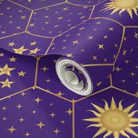 Golden Moon Stars Sun hexagons mosaic purple