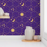 Golden Moon Stars Sun hexagons mosaic purple