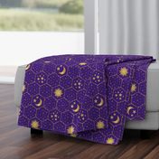 Golden Moon Stars Sun hexagons mosaic purple