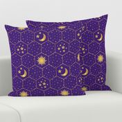 Golden Moon Stars Sun hexagons mosaic purple
